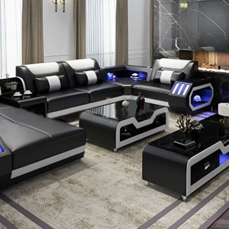 2022 High Quality Modern Luxury smart Leather Sectional Sofa Chairs Set Couch Living Room furniture Sofas With Led
