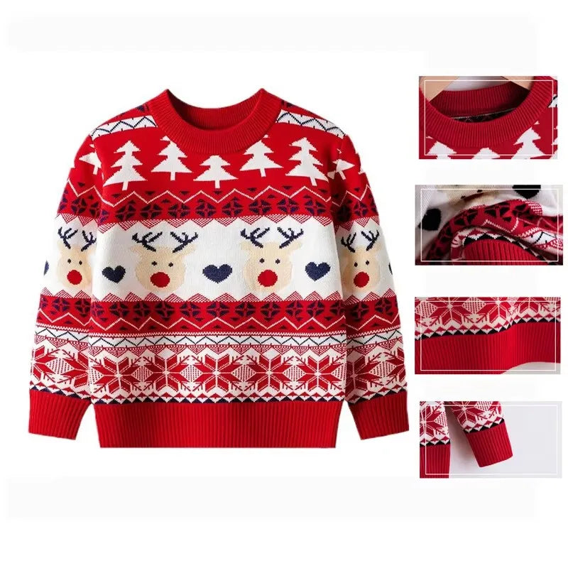 2024 Christmas Knit Sweater Boys Girls Party Pullover Cotton Clothes Kids Slouchy Soft  Autumn Winter Warm Knitwear 2-7 Years