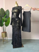 CM.YAYA 2025 Fall Women Long Sleeve Stacked Mesh See Though with Lining Bodycon Long Dress Evening Birthday Sexy Party Dresses