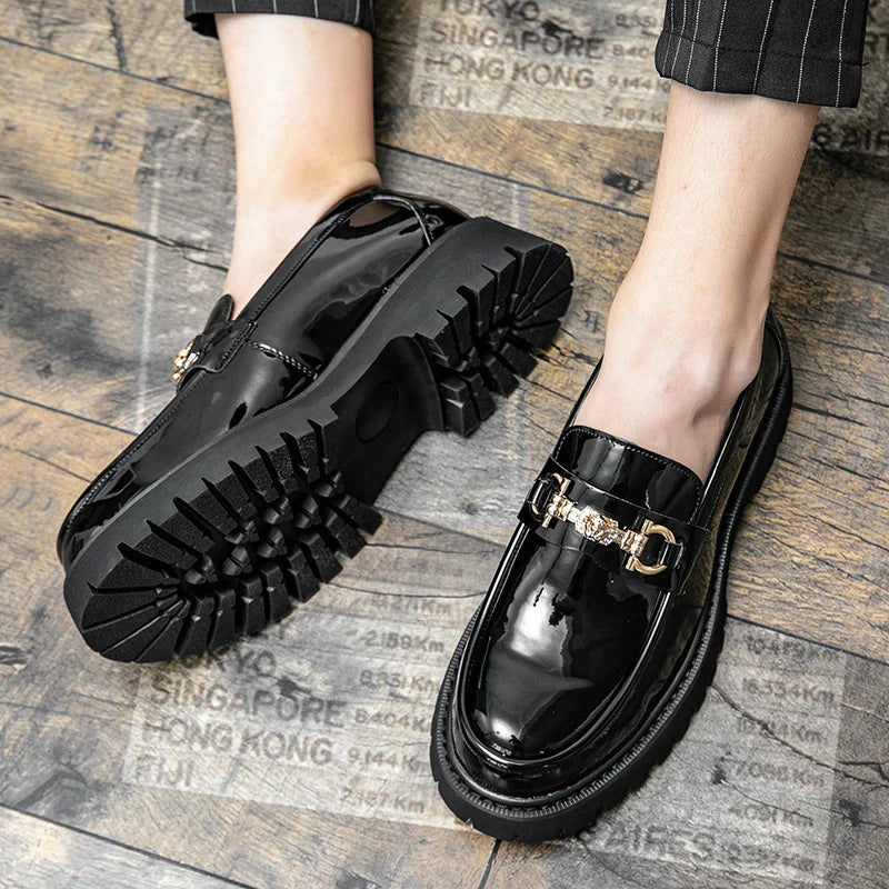 British Men Oxfords Dress Shoes Designer Metal Platform Shoes Men Casual Leather Shoes Luxury Slip on Loafers Men Business Shoes