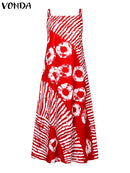 Plus Size VONDA Bohemian Printed Maxi Dress 2024 Summer Sexy Sleeveless Party Beach Sundress Tank Long Vestido Casual Loose Robe
