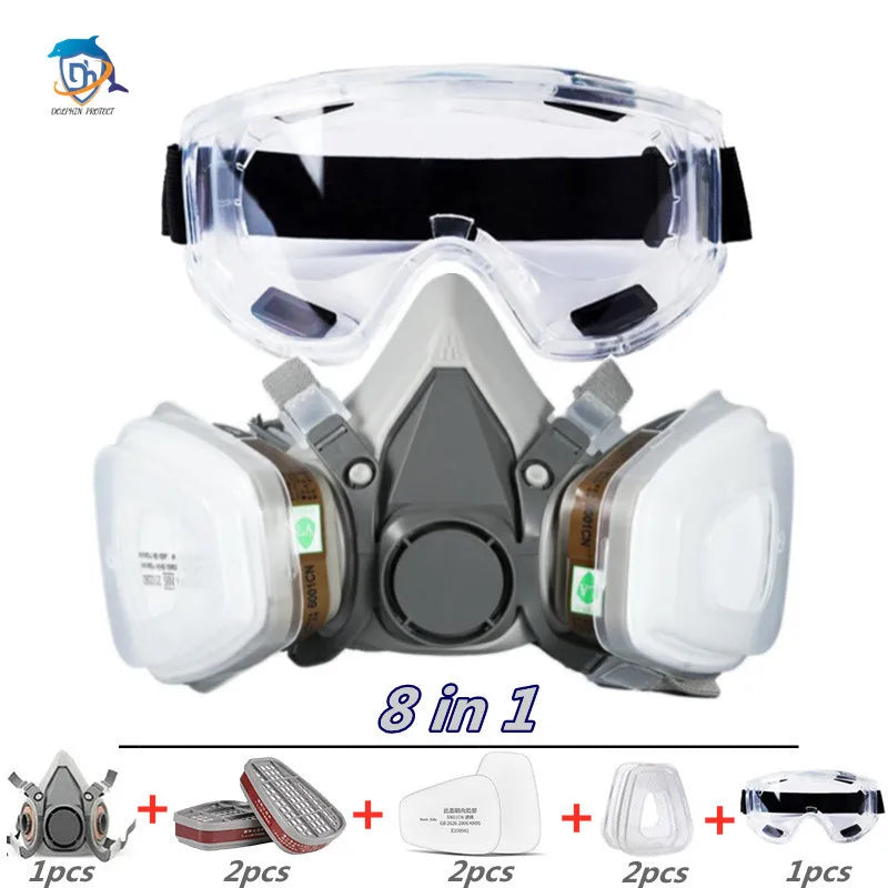 New 8-In-1 6200 Dust Gas Mask With Safety Goggles Half Face Gas Respirator For Painting Spraying Polishing Work Safety