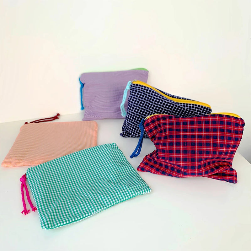 Korean Style Plaid Zipper Pencil Case Portable Office Desk Organizer Large Capacity Stationery Storage Pouch School Supplies