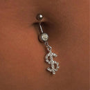 Hip Hop Dollar Belly Button Nail Rings Stainless Steel Anti Allergy Punk Rhinestone Dangle Belly Piercing Jewelry For Women Gift