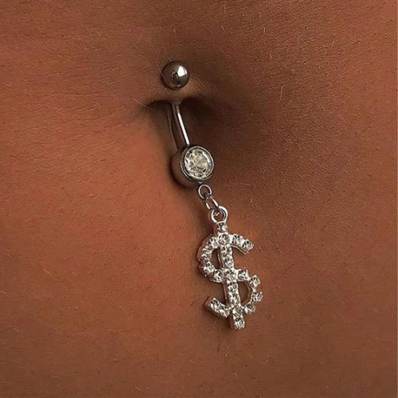 Hip Hop Dollar Belly Button Nail Rings Stainless Steel Anti Allergy Punk Rhinestone Dangle Belly Piercing Jewelry For Women Gift