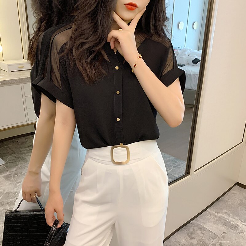 2023 Summer New Style Short-Sleeved Top Women Fashion Solid Color Mesh V-neck Women Shirts Pullover Chiffon Women Blouse 9632