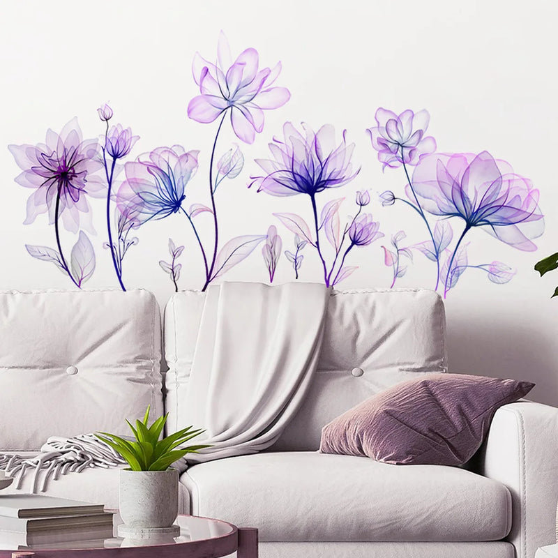 Beautiful Purple Flower Wall Stickers for Living Room Bedroom Decoration Girls Room Background Wall Decals Wallpaper PVC Murals