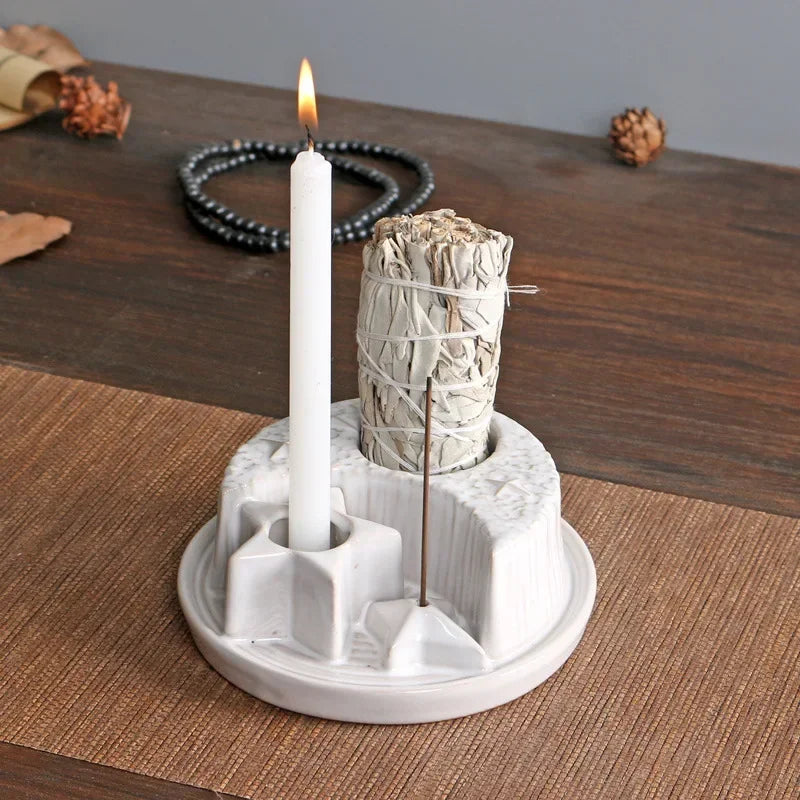 4-In-1 Ceramic Candle & Incense Holder Morandi Color with Cute Stars and Moon Design Perfect for Sage Palo Santo Stick Incense