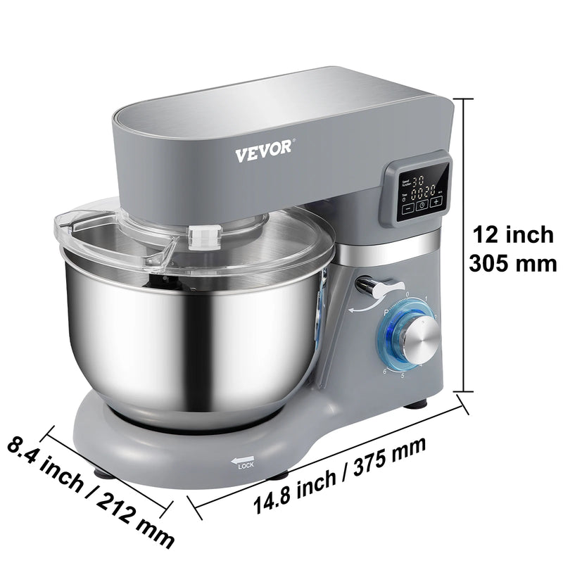 VEVOR Stand Mixer 660W Electric Dough Mixer with 6 Speeds LCD Screen Timing 5.8 Qt Stainless Steel Bowl Dough Hook Flat Beater
