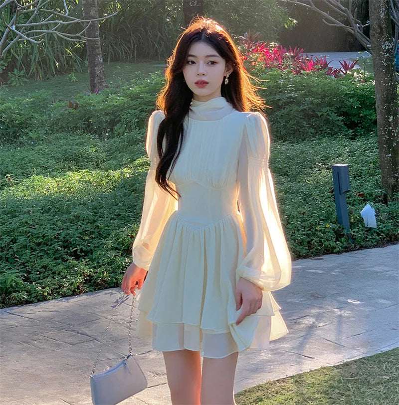 Women French White Chiffon Dresses Summer Elegant Sleeve Slim Puff Sleeve bodycon Gentle Fairy Short Dress