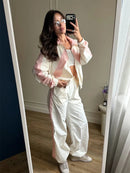 Casual Paneled Contrast Women's Pants Sets Stand Collar Zipper Cropped Jackets Elastic Wide Leg Pant 2026 Autumn Lady Tracksuits