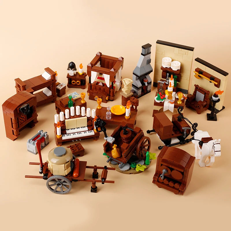 MOC City Series Building Blocks Figure Furniture House Kitchen Medieval Accessories DIY Bricks Set Christmas Toys for Kid Gifts