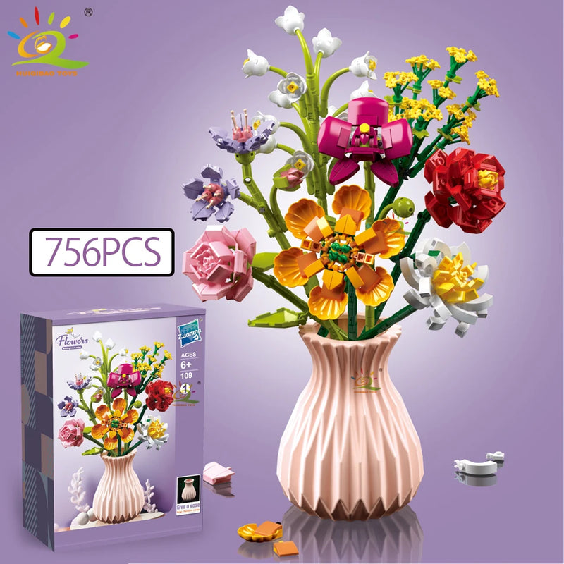 HUIQIBAO MOC Flower Model Building Blocks 3D Bouquet Plants Sunflower Rose Bricks Kits Children DIY Educational Toys Home Decor