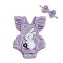 Adorable Infant Easter Jumpsuit with Bunny Embroidery Flutter Sleeves Square Neckline and Matching Bow Headband