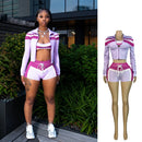 2025 Trending Summer Outfit Woman 3 Piece Set Fitted Tracksuit Color Block Sports Bra Jacket and Shorts Ladies Gym Workout Sets