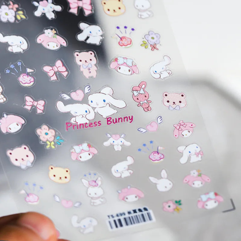1PCS 5D Cartoon Kuromi Hello Kitty Nail Stickers Sanrio Animation Nail Art Decoration Sanrio Cute Melody Embossed Stickers