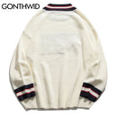 GONTHWID Bär Patchwork Gestreifte Strickpullover Streetwear Hip Hop Harajuku Lässige Pullover Strickwaren Herren Mode Oberteile