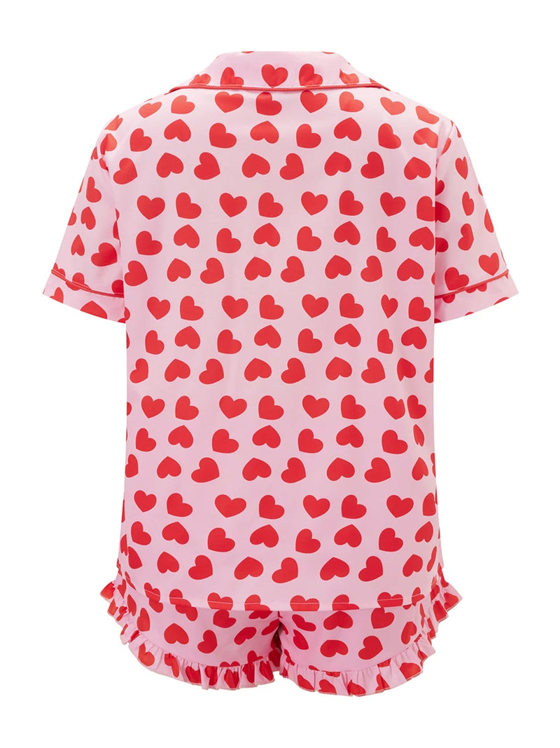 Women s Valentine s Day Pajama Set with Heart Print Short Sleeve Top and Drawstring Shorts Cute Sleepwear Loungewear Set for
