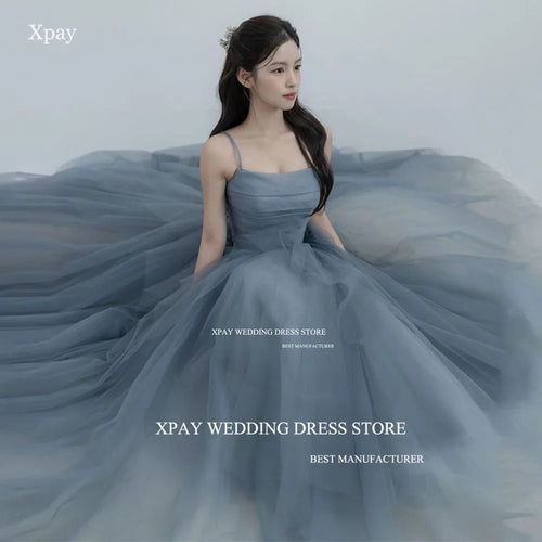 XPAY Staubblau Korea A-Linie Abendkleider Fotoshooting Rüschen Stufenförmiges Feen-Tüll-Abendkleid Maßgeschneidertes Korsett Ballkleid