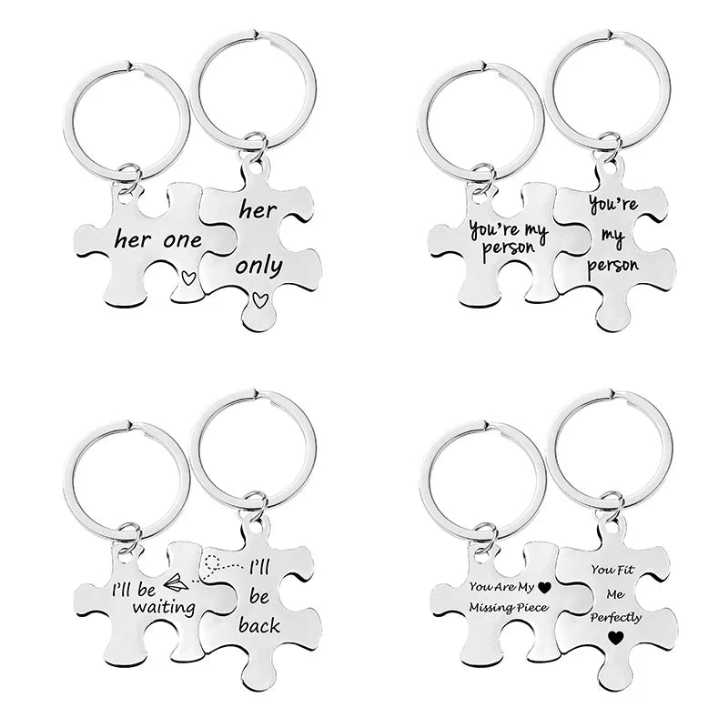 2Pcs/Set Letters Engraved Stainless Steel Keychains Couples Key Ring Puzzle Pendant Jewelry Gift For Valentine's Day