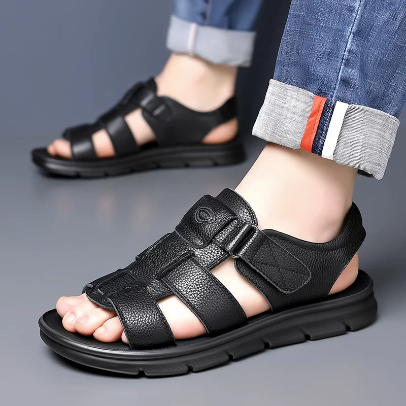 Brand Men's Fashionable Top Layer Cowhide Roman Beach Sandals Summer Breathable Soft Sole Non Slip Outdoor Quick Drying Sandals