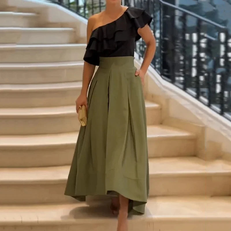 Wefads 2 Piece Set Summer Elegant Fashion One Shoulder Ruffled Sleeveless Irregular Pullover Top Loose Long Skirt Set Streetwear