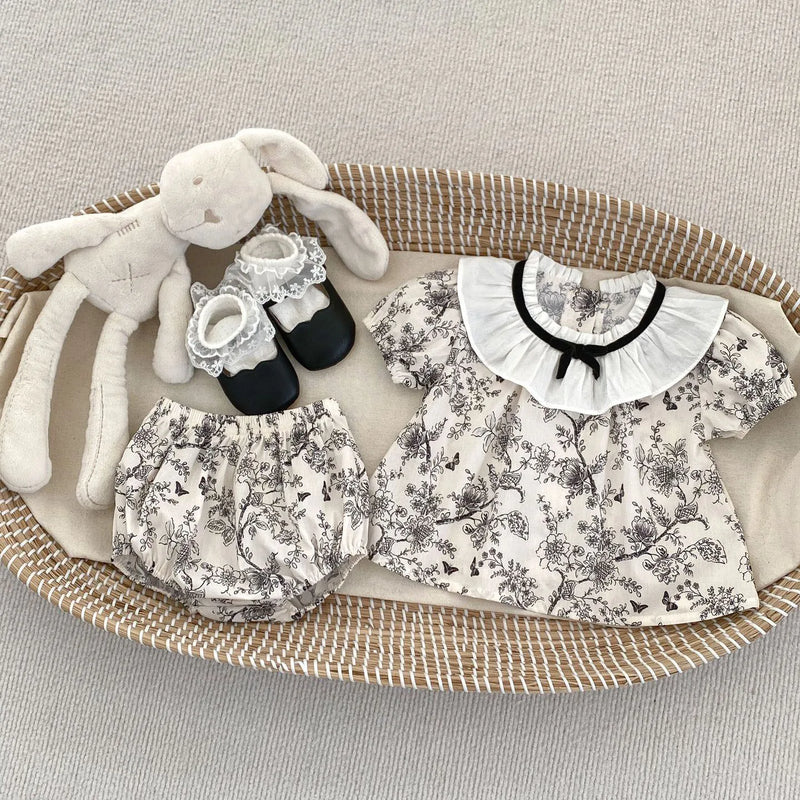 2PCS Summer Floral Baby Girl Suit New Autumn Fashion Lace Bow Baby Girls' Set Peter Pan Collar Shirt and Shorts Princess Outfits