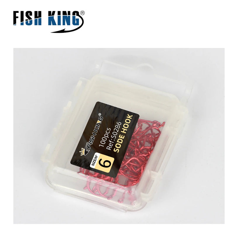 FISH KING 50pcs-100pcs Fishing Hook 6#-10# Barbed High Carbon Steel Red With eyes Bent Baitholder Ringed Carp Hook Tackle