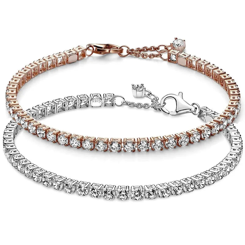 Original Rose Sparkling Tennis With Crystal Chain Link Bracelet Fit Europe Bangle 925 Sterling Silver Bead Charm Diy Jewelry