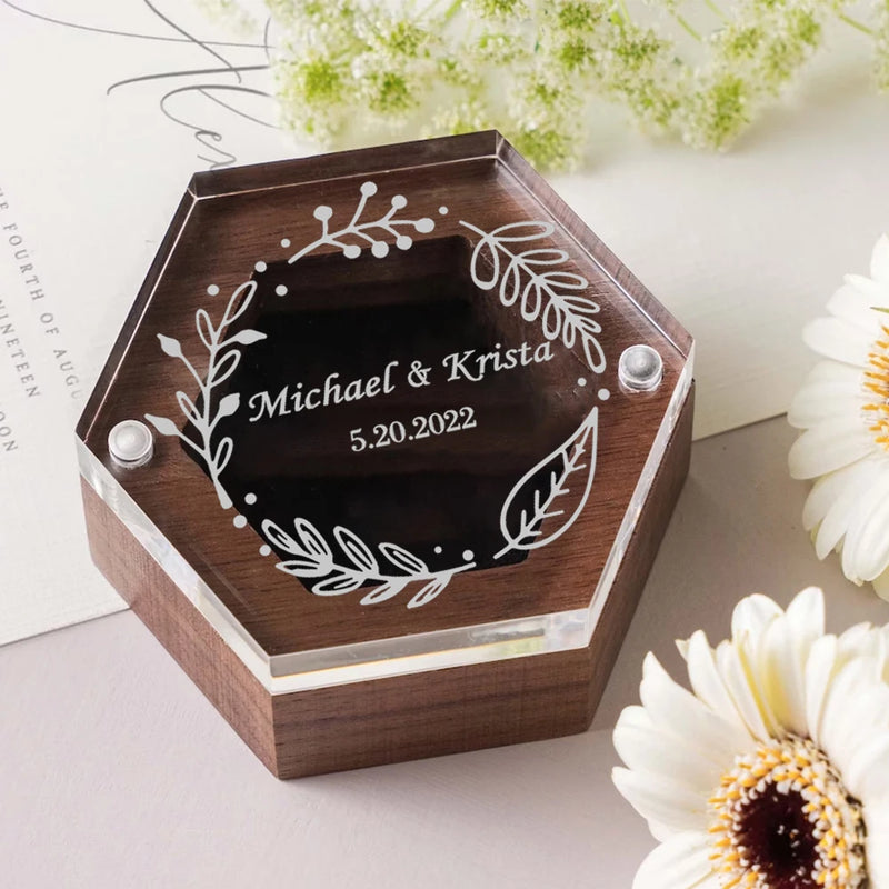 Personalized Engraved Wedding Ring Box, Proposal Gift Acrylic Cover and Wood Base Custom Rings, Engagement Wedding Decorations