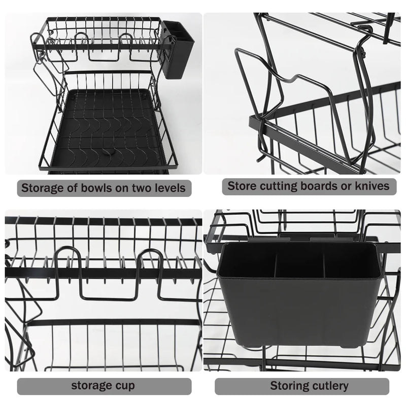 Dish Drying Rack 2-Tier Compact Kitchen Dish Rack Dish Drainer with Chopstick Cylinder Kitchen Drainer rack with spout