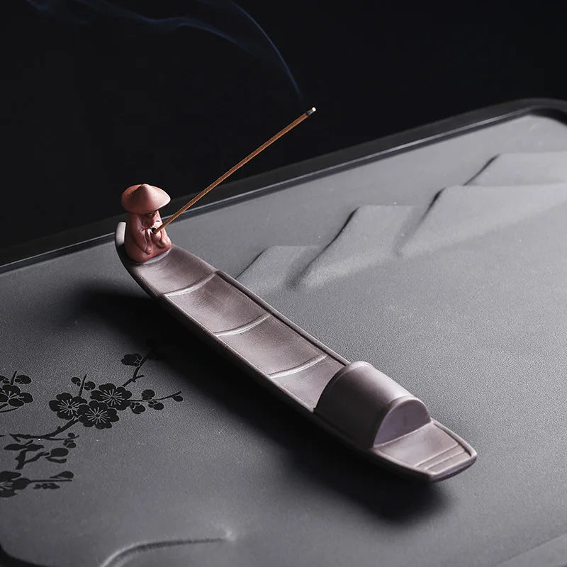 1pc Incense Stick Holder, Zen Meditation Purple Clay Fisherman Fishing Incense Stick Holder Home Decor (Without Incense)