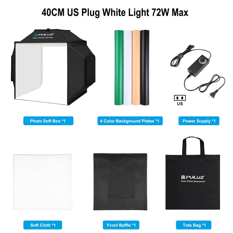Puluz 40cm Professional Photography Lightbox 72W LED Photo Studio Shooting Tent Soft Box Kit,Photo Studio Box 4 Color Backdrops