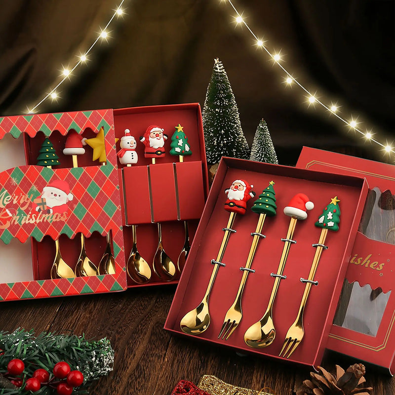 Christmas Dinnerware Stainless Steel With Luxury Gift Box Tableware Desser Fork Coffee Spoon Santa Cutlery For Christmas