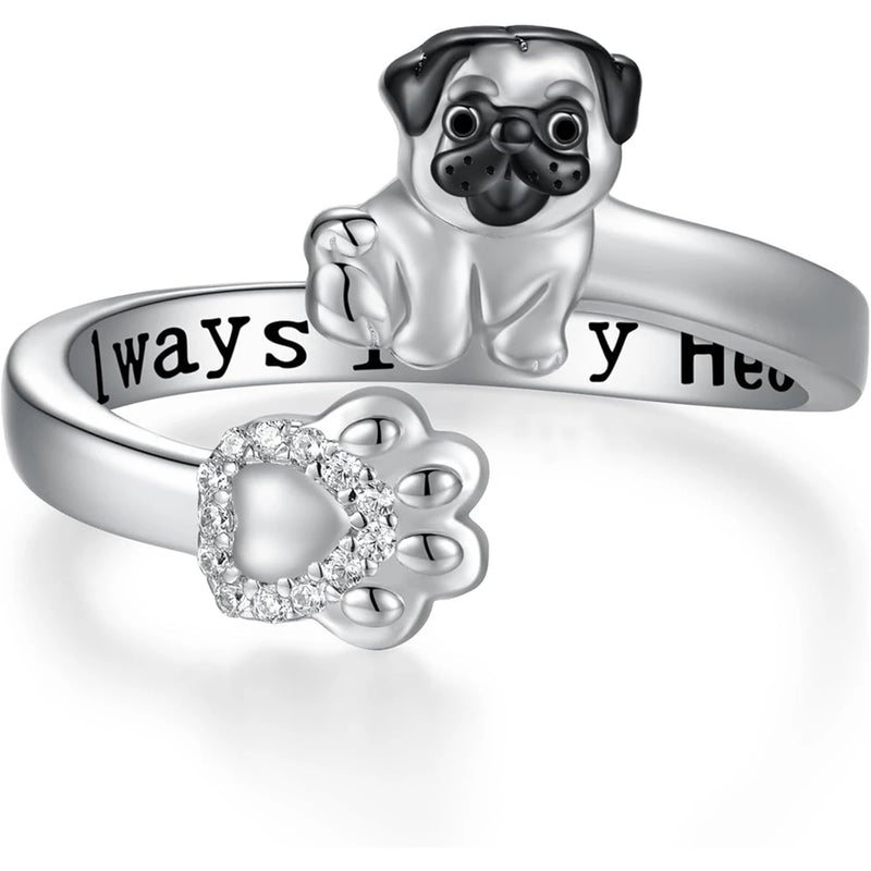 1Pc Cute Black Pug Dog Paw Open Ring Exquisite Women's Dog Jewelry Fashion Daily Accessories Perfect Gift for Dog Lovers