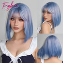 Blue Purple Ombre Cosplay Synthetic Wigs Short Bob Straight Lolita Halloween Hair Wig with Bangs for Women Afro Heat Resistant