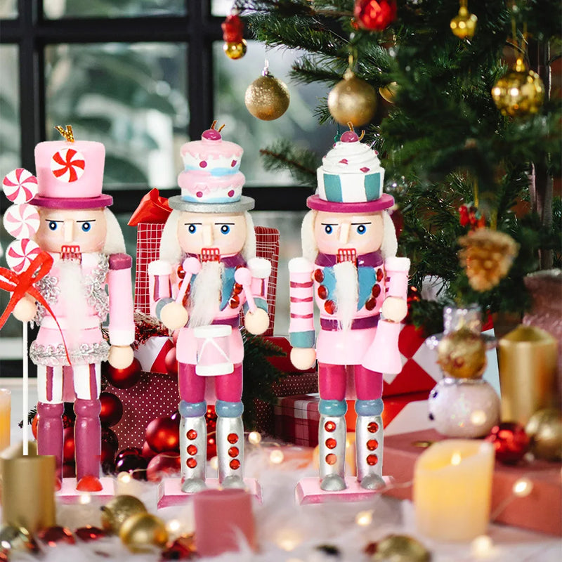 3Pcs 12cm Cartoons Nutcracker Puppet Ornaments Desktop Decoration Soldiers Band Dolls Pink Cake Candy Style Christmas Gift