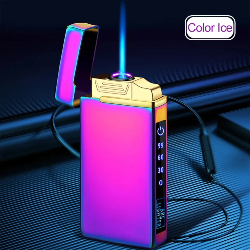 3in1 Jet Lighter Metal Windproof Flameless Electric Lighter Power Display USB Charge Plasma Butane Gas Lighter With Flashlight