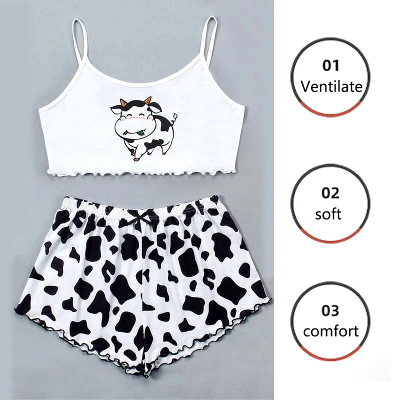 Two-Piece Vest Camisole Pink Lips Pattern Printing Comfortable Women Home Pajamas Bustier Waist Cartoon Cow Cute Loungewear
