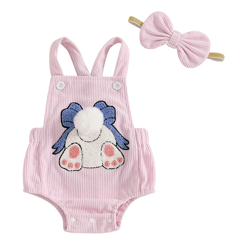 Adorable Infant Easter Jumpsuit with Bunny Applique and Matching Bow Headband for Baby Girl s First Easter Celebration