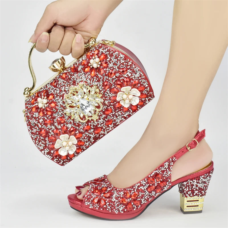 Fashion Italian Shoes with Bag Set Decorated with Rhinestone Women Wedding Shoes Set Nigerian Party Pumps High Heels Sexy Ladies
