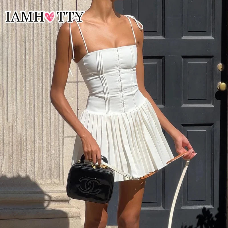 IAMHOTTY Party Holiday A-line Pleated Sleeveless Corset Dress White Buckle Up Lace-up Straps Chic Mini Dresses High Streetwear