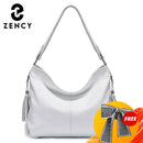 Zency Leather handbags Genuine For Women Fashion Tassel Hobo Bag Crossbody Plain Color Real Cowhide Leather Large Shopper Bag