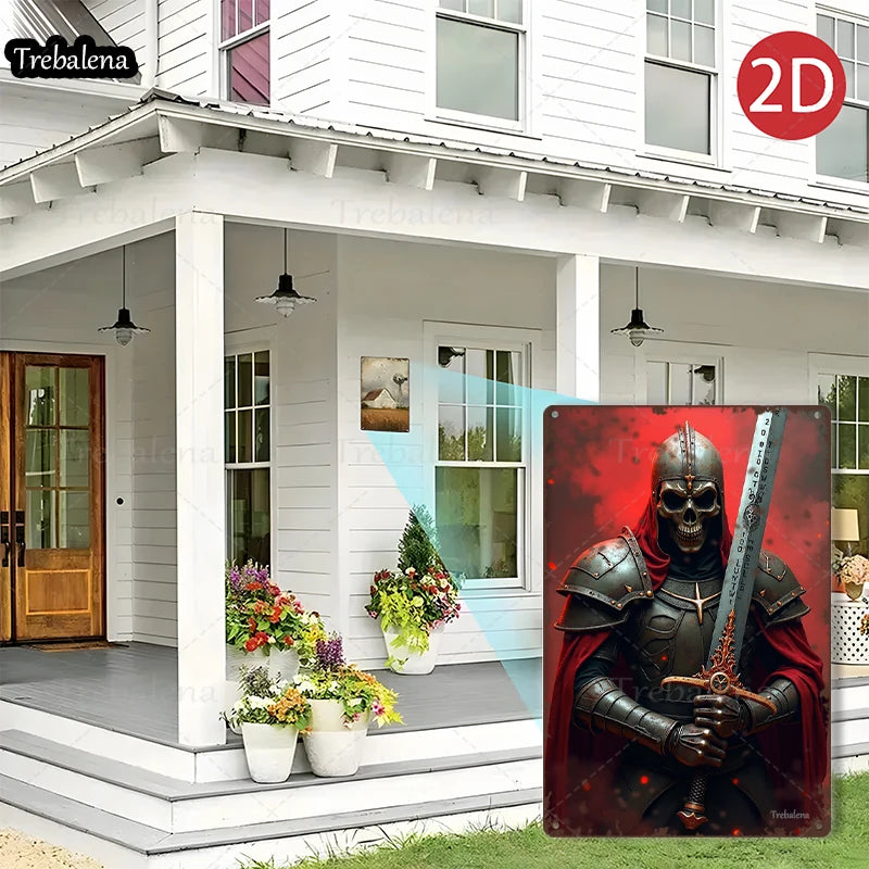 1PC 2D Flat 8*12inch Metal Sign Skull Knight with Sword Medieval Warrior Art Decor