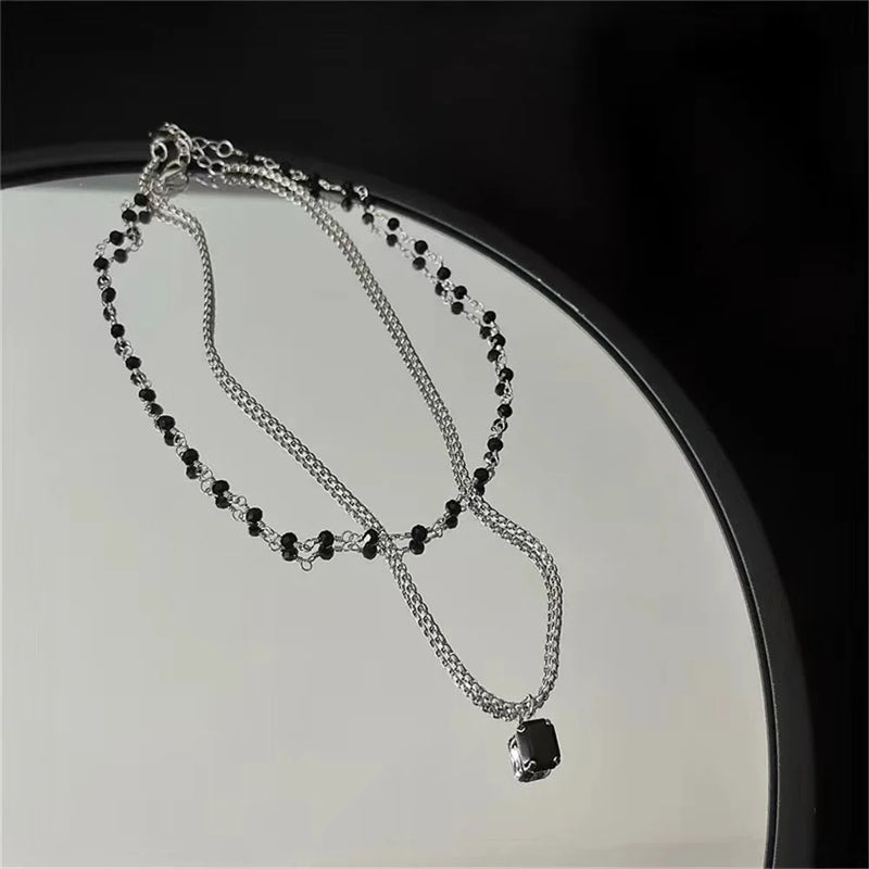 Retro Double Layer Clavicle Chain Necklace For Women Dark Style Black Acrylic Crystal Gemstone Choker Elegant Party Jewelry