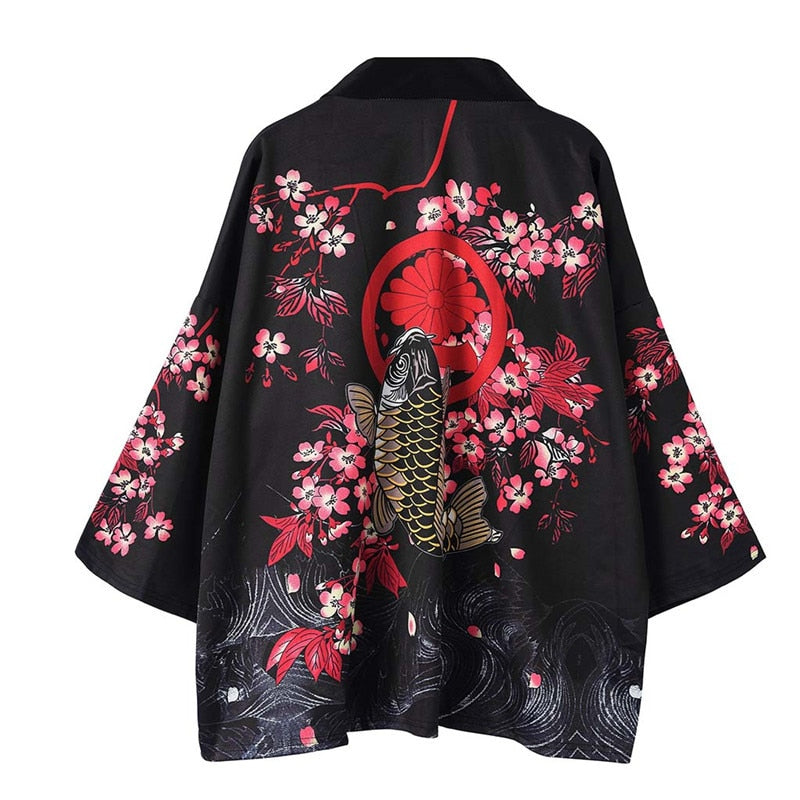 Japanese Kimono Men Cardigan Shirt Blouse Yukata Haori Obi Clothes Summer Printed Black Male Samurai Clothing