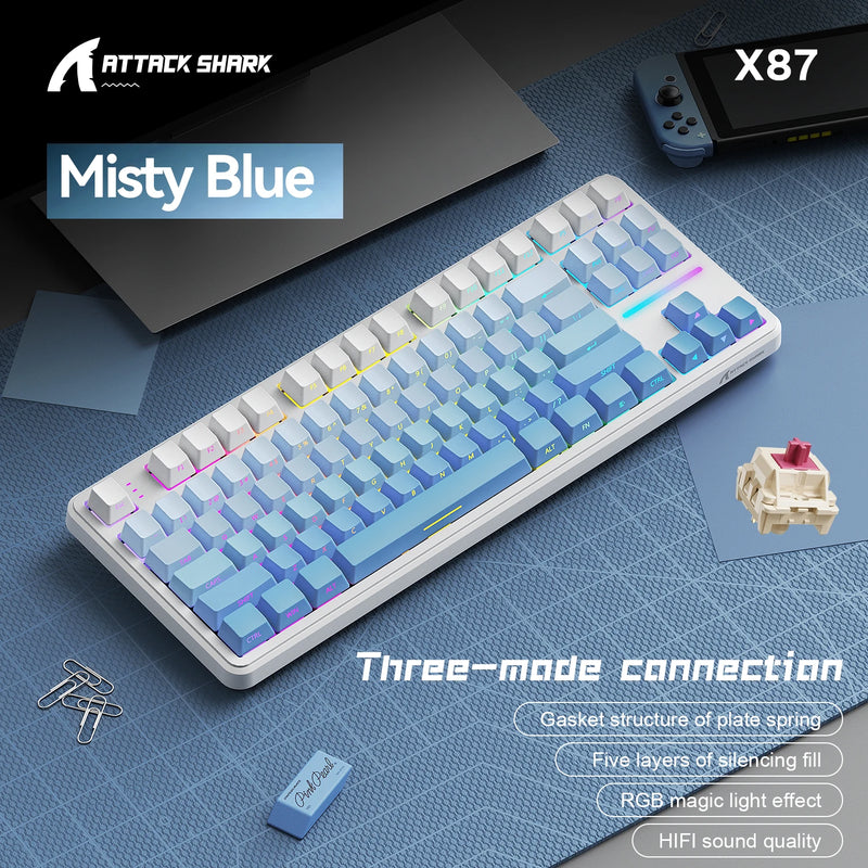 Gaming Keyboard X87 Attack Shark Side Engraved Translucent Character Wireless Mechanical Keyboard,RGB,Hot-Swap,Bluetooth Tri-mod