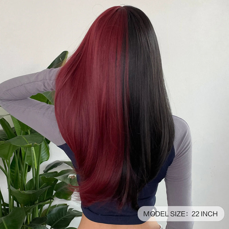 Wine Red and Black Medium Length Synthetic Wigs with Bangs Christmas Halloween Cosplay Hair Heat Resistant Fibre Two Tone Wig