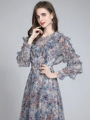 LD LINDA DELLA Fashion Designer Summer pleated Dress Women's Long sleeve Ruffles Floral print Mesh Vacation Long Dress Vestidos