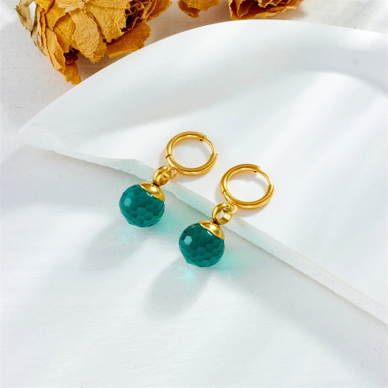 DIEYURO 316L Stainless Steel Luxury Blue Green Bead Ball Pendant Earrings For Women Girl New Ear Buckle Non-fading Jewelry Gift